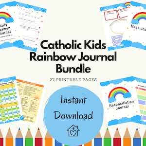 Puede incluir: Un paquete de diarios imprimibles Catholic Kids Rainbow Journal con 27 páginas. El paquete incluye un diario de examen diario, un rastreador de oración diario, un diario de reconciliación, un diario de misa y un diario de oraciones diarias. Los diarios presentan un diseño de arcoíris y nubes.
