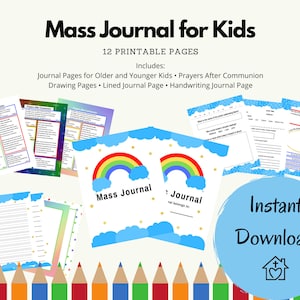 Catholic Kids Mass Journal | Rainbow Kids Journal | Prayer Journal Printable Pages for Catholic Kids | Digital Download | 8.5x11