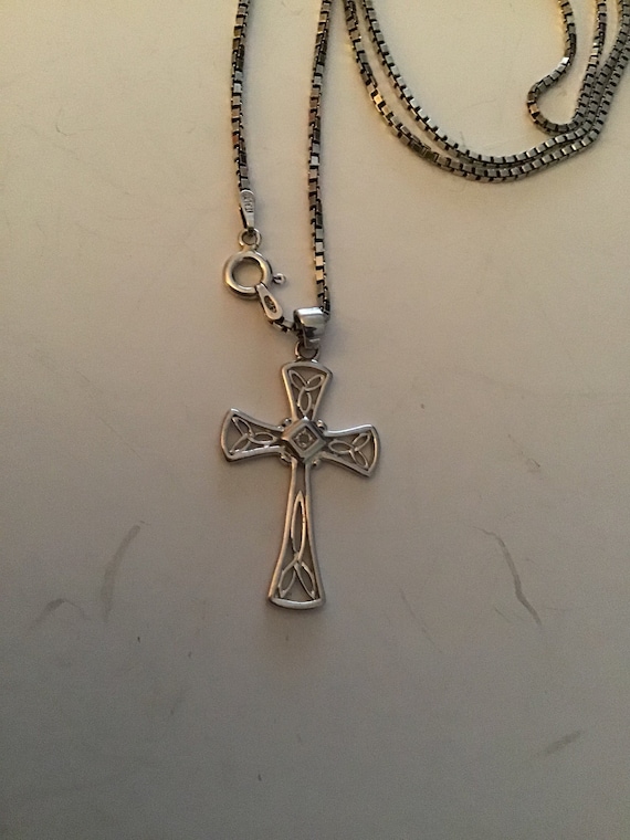 Sterling/Diamond Openwork Cross Pendant Necklace