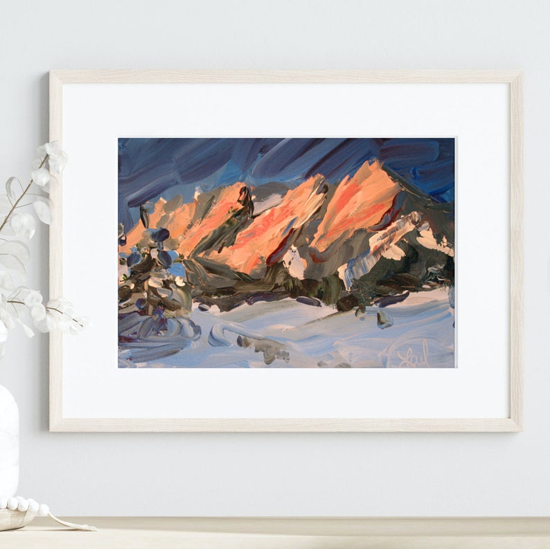 First Light Archival fine art print. Painting of the Flatirons in Boulder, Colorado. Abstract landscape // gallery collection image 2