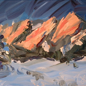 First Light Archival fine art print. Painting of the Flatirons in Boulder, Colorado. Abstract landscape // gallery collection image 1