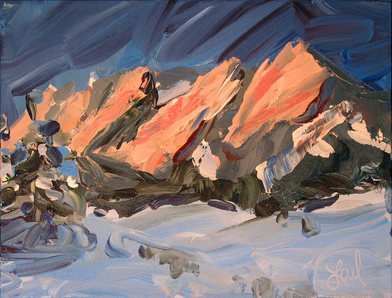 First Light Archival fine art print. Painting of the Flatirons in Boulder, Colorado. Abstract landscape // gallery collection image 1