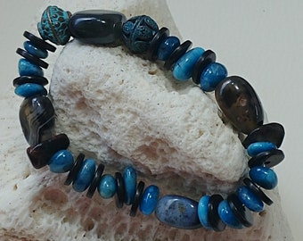 Blue Agate Turquoise Bracelet, Natural Stone Beaded Bracelet, Boho Statement Jewelry, Handmade Gift for Her