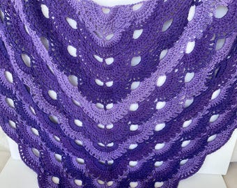 Purple Crochet Lace Shawl, Handmade Triangle Wrap, 170 x 85 cm
