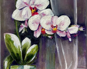 Original Oil Painting White Orchid on Canvas, Small Floral Wall Art, Handmade Orchid Painting, Botanical Home Decor, 10x8 inches