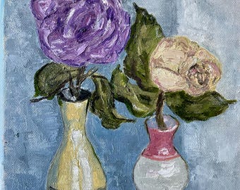 Original Oil Painting Flowers on Canvas, Purple and Pink Roses, Floral Still Life, Handmade Artwork, Romantic Home Decor, Unframed