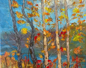 Original Autumn Aspen Oil Painting 10x8, Colorful Fall Landscape, Birch Trees, Impressionist Nature Art, one of a Kind Wall Decor