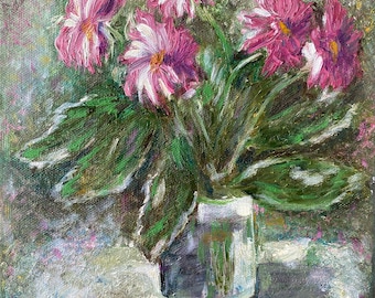 Original Oil Painting Pink Cosmos Flowers, Floral Still Life on Canvas, Impressionist Art, 10x8 in Framed Ready to Hang, Handmade Wall Decor