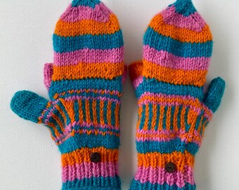 Handmade 100% Wool Mittens, Colorful Nepal Knit Gloves, Women’s Medium Winter Mittens, Boho Hand Knitted Gift