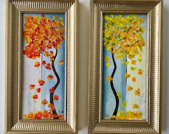 Original Autumn Tree Paintings Set of 2, Framed Oil Paintings, Small Textured Wall Art, Palette Knife Artwork, Fall landscape Decor