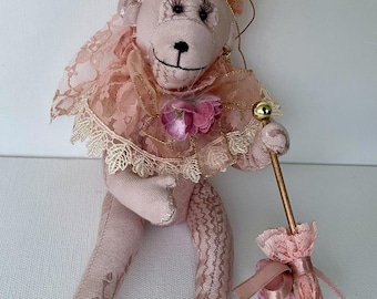 Handmade Pink Monkey Art Doll, OOAK Fabric Monkey with Umbrella, Whimsical Collectible Soft Sculpture, 10 Inch Decorative Doll
