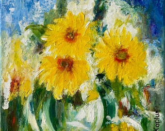 Ukrainian Sunflowers Original Oil Painting 8x8 / Yellow Floral Wall Art / Impasto Still Life / Blue Yellow Decor / Handmade by Irina Kaplund