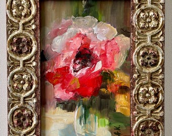 Original Red Poppy Oil Painting on Plywood, Framed Floral Still Life, 4x6 Mini Art, Ornate 6x8 Frame, Small Wall Decor
