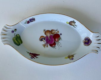 Vintage L. Lourioux Le Faune Porcelain Serving Dish, French Fireproof Porcelain, Vegetable Motif, Gold Trim, Made in France