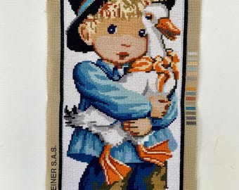 Vintage Handmade Cross Stitch Girl or Boy with Goose | Large Needlepoint Embroidery | Cottagecore Wall Decor | OOAK Fiber Art Gift