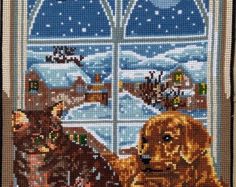 Handmade Cross Stitch Winter Cat Golden Retriever, Christmas Needlepoint, Snowy Village Embroidery, Holiday Wall Decor, OOAK Gift