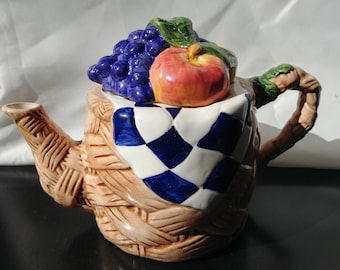Vintage 1995 CBK Ltd Ceramic Fruit Teapot, Basketweave & Blue Checkerboard Design, Decorative Cottagecore Kitchen Display, Fruit Lid