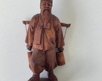 Hand Carved Wooden Water Carrier Figurine, Folk Art Man with Buckets, Rustic Wood Sculpture, Vintage Style Home Decor