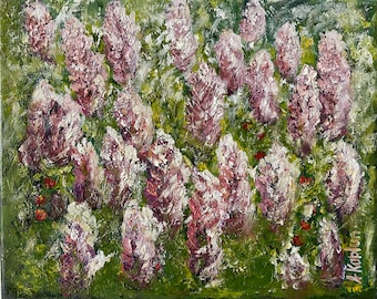 Original Oil Painting Pink Wildflowers 8x10, Impressionist Floral Art, Textured Palette Knife Painting, Cottagecore Wall Decor