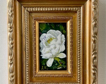 Framed Original White Rose Oil Painting, Mini Floral Artwork in Gold Ornate Frame, Signed Small Still Life, Mini Floral Artwork