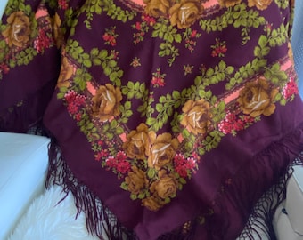 Vintage Floral Wool Shawl with Fringe - 56x56 Large Burgundy Floral Square Scarf - Folk Style Botanical Wrap