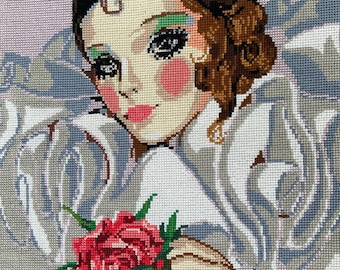 Finished Cross Stitch Embroidery Woman with Rose, Handmade Needlework Wall Art, Unframed 18.5 x 14.5 in