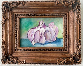 Original Garlic Oil Painting in Ornate Vintage Style Frame | Mini Kitchen Wall Art | Farmhouse Decor | One of a Kind Artwork