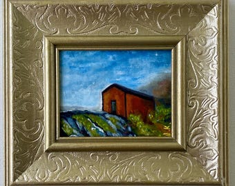 Original Miniature Oil Painting Barn Landscape in Ornate Gold Frame, Small Artwork, Rustic Cottage Decor, One of a Kind, 3.5 x 4.5 inches