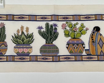 Vintage Hand Cross Stitch Southwestern Desert Wall Hanging | Native American Decor | Handmade Cotton Embroidery | Cactus Art