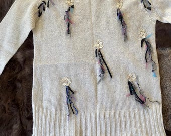 Handmade Angora Wool Sweater, Cream Art Knitwear, Hand-Decorated Wearable Art, Boho Women’s Size L