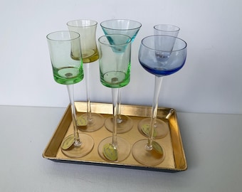 Vintage Elegance Ensemble Cordial Glass Set of 6 with Gold Tray, Colorful Blown Glass, Original Box, Barware Gift
