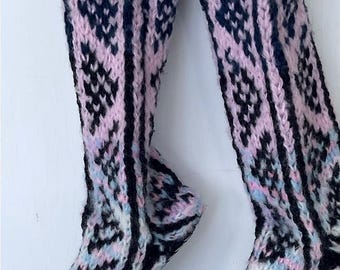 Hand Knit Wool Slippers with Suede Soles, Cozy High-Top House Socks, Handmade Winter Slippers, Pink Black Wool Shoes, Gift for Her