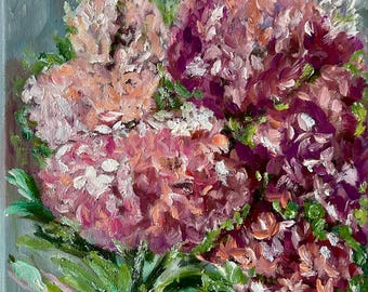 Original Hydrangea Oil Painting 8x8 inches / Pink Floral Wall Art / impressionist Flowers / Small Canvas Painting Handmade Hone Decor