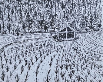 Original Signed Black Pen and Ink Drawing of Farm Mountains Agricultural Farm