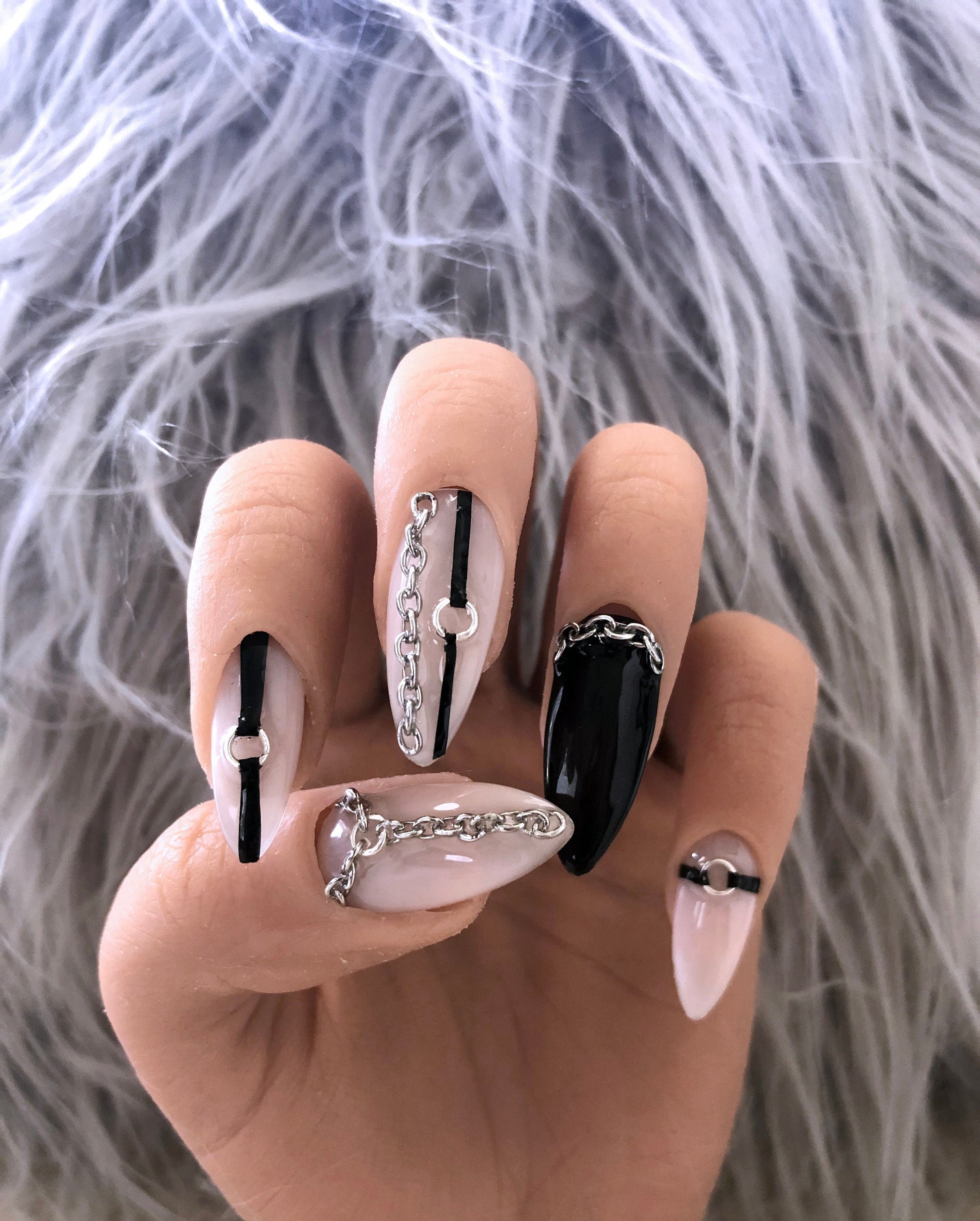 Chain harness press on nails - goth press ons, bondage fake nails, cu…