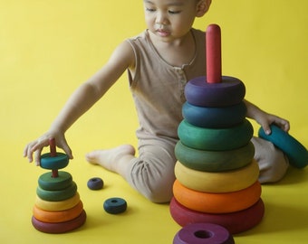 GIANT Wooden Ring Stacker Rainbow and Natural