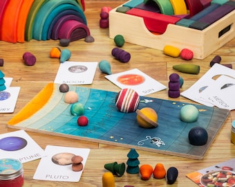 Solar System Model Toys Set Puzzle, Wooden Planets, and Montessori 3-Part Cards - Full Color