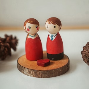 Personalized Hand-painted Couple Peg Dolls with Wooden Base, Custom Wedding or Anniversary Cake Topper