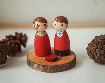 Personalized Hand-painted Couple Peg Dolls with Wooden Base, Custom Wedding or Anniversary Cake Topper