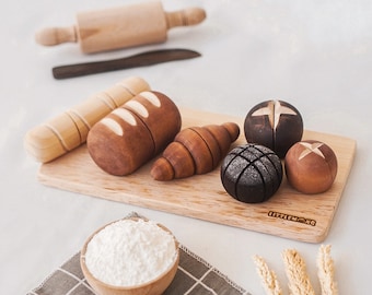 Set di pane in legno di 7 giocattoli - Set di dolci Montessori / Waldorf Fai finta di giocare giocattolo - Giocattolo di cucina / cottura al forno