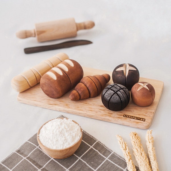 Wooden Bread Set of 7 Toy - Pastries Set Montessori / Waldorf Pretend Play Toy - Cooking / Baking Toy