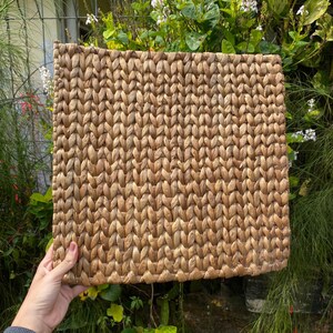 May include: A square, woven basket made of natural, light brown fibers. The basket has a tight, textured weave pattern. The basket is being held by a person's hand, with greenery in the background.