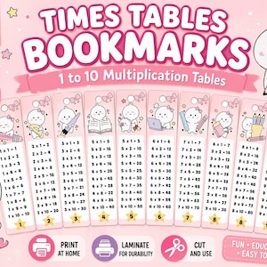 May include: Pink educational bookmarks for kids featuring multiplication tables from 1 to 10. Each bookmark has a cute cartoon character and multiplication problems. The set includes 10 bookmarks, with the text "Times Tables Bookmarks".