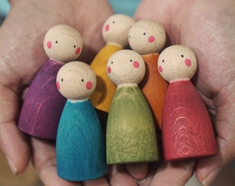 12 Colorful Peg Dolls, Rainbow Peg People Dolls Waldorf