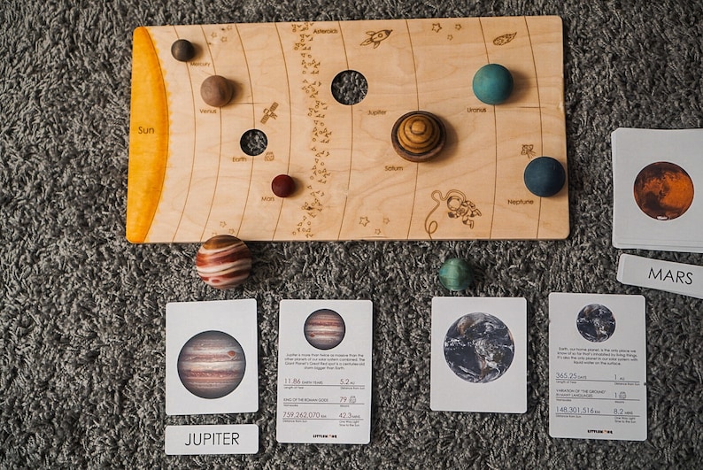 Solar System Model Toys Set Puzzle, Wooden Planets, and Montessori 3-Part Cards Natural image 2