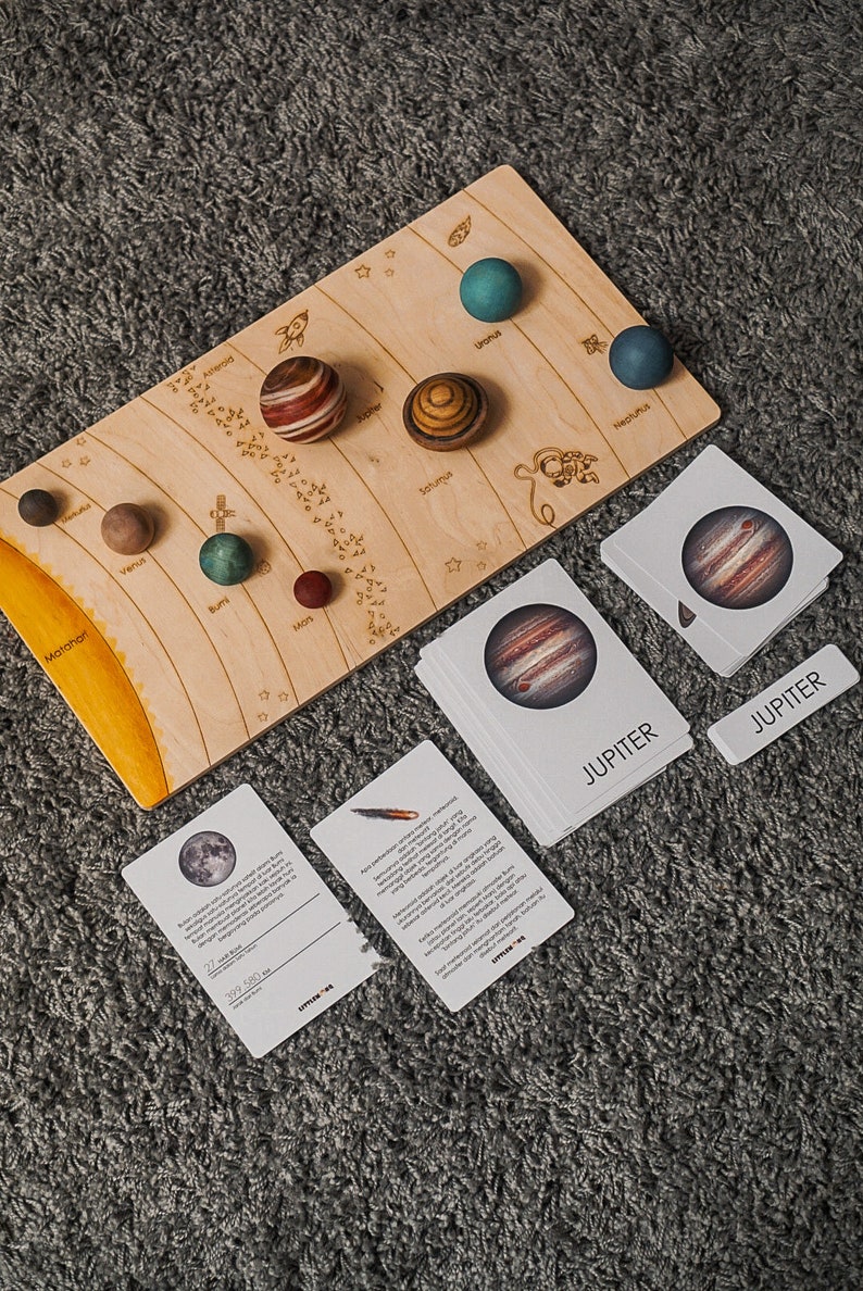 Solar System Model Toys Set Puzzle, Wooden Planets, and Montessori 3-Part Cards Natural image 8