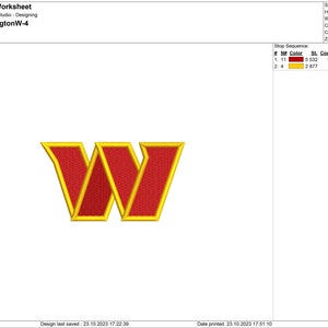 Könnte beinhalten: Ein gestickter Buchstabe W in Rot und Gelb. Der Buchstabe ist gelb umrandet und rot gefüllt. Das Design ist für Stickerei und ist 9,45 cm breit und 5,18 cm hoch.