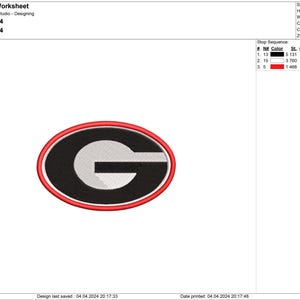 May include: A red oval with a black letter "G" inside. The letter "G" has a white outline. The design is for embroidery and is 2.55 inches tall and 3.91 inches wide.