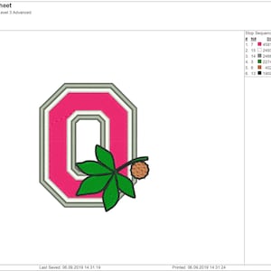 May include: A pink and gray letter "O" with a green buckeye leaf and nut. The letter is outlined in gray and has a white inner border. The buckeye leaf is green with a brown nut.