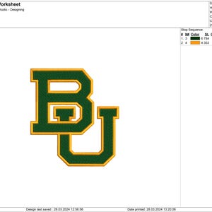 May include: Embroidered patch with the letters "BU" in green with a yellow outline. The letters are in a collegiate font style.